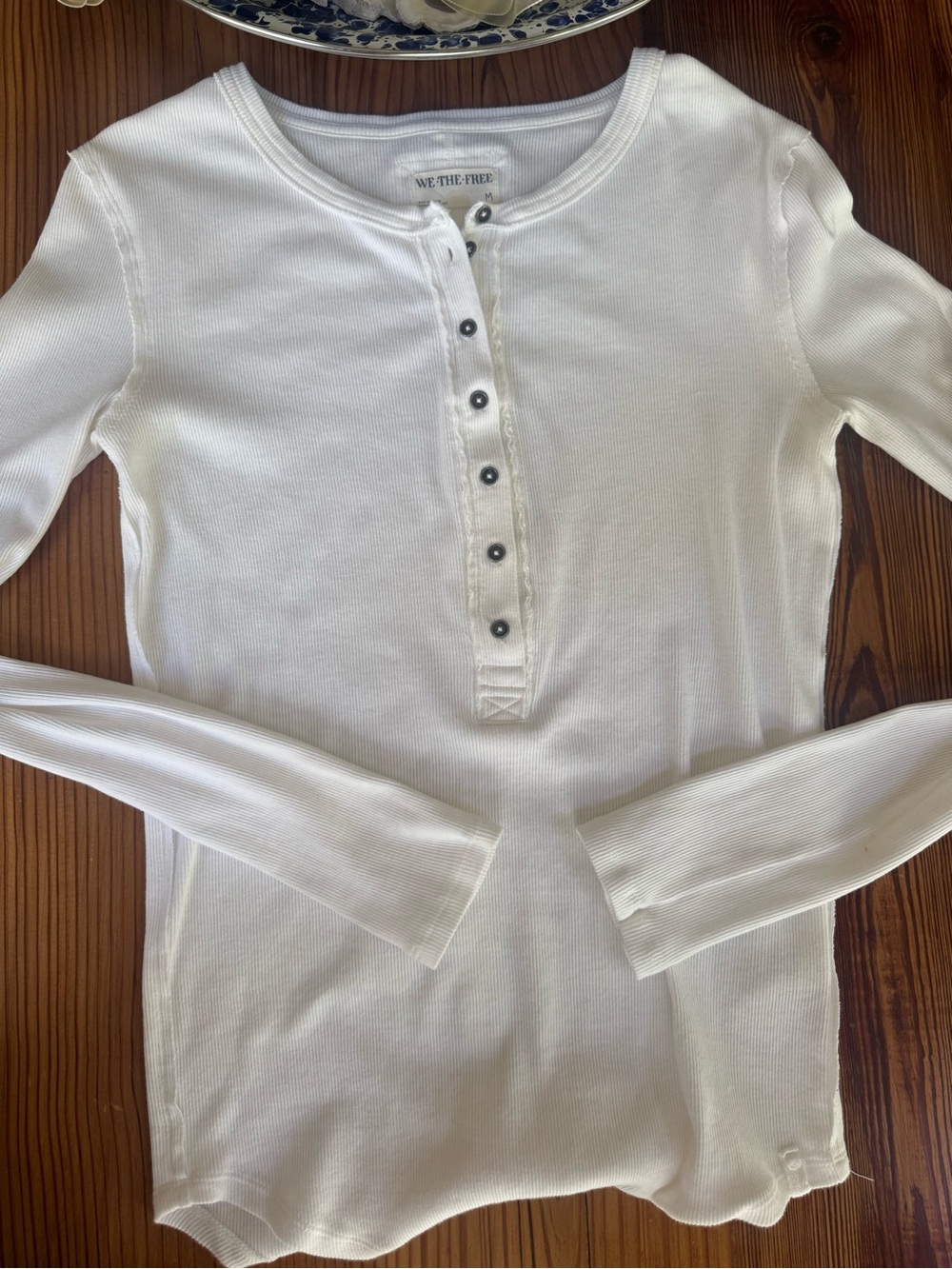 Free People White Ribbed Henley Long Sleeve Top, Medium